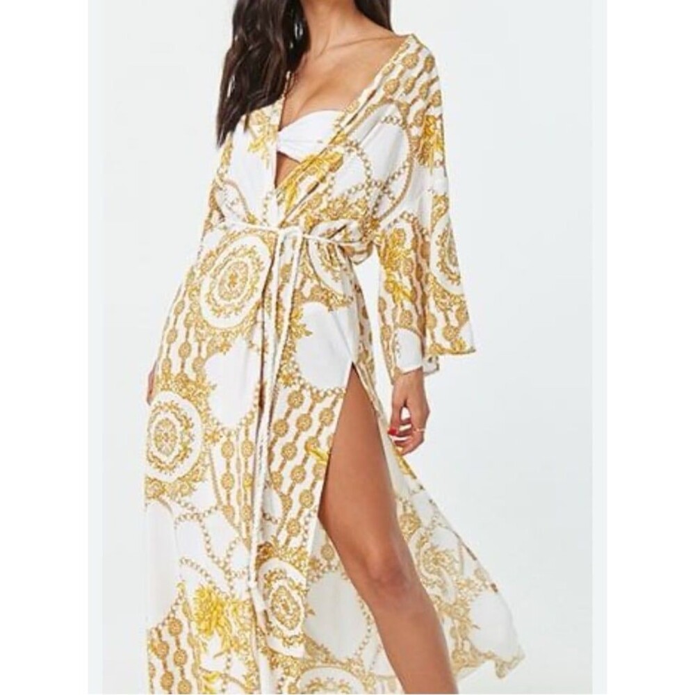 Forever 21 Baroque Print Yellow and white Kaftan Swim Cover Up Size L